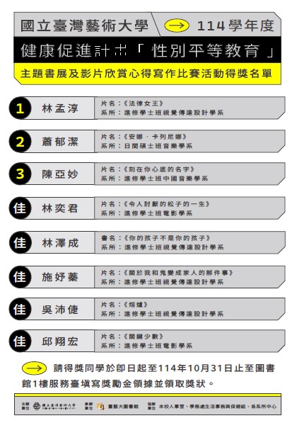 114年度健康促進計畫「性別平等教育」主題書展及影片欣賞心得寫作比賽活動成績揭曉
